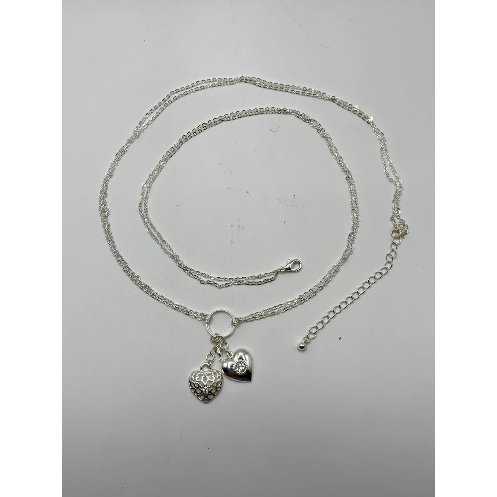 Candies Silver Tone Double Strand Heart Pendant Long Necklace 32 Inch Rhinestone